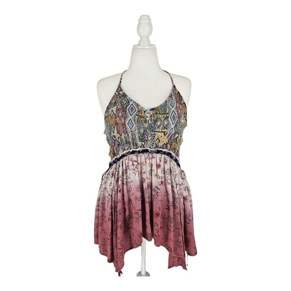 Boho Halter Mini Dress XL Mixed Print Floral Ombre Handkerchief - Picture 2 of 11